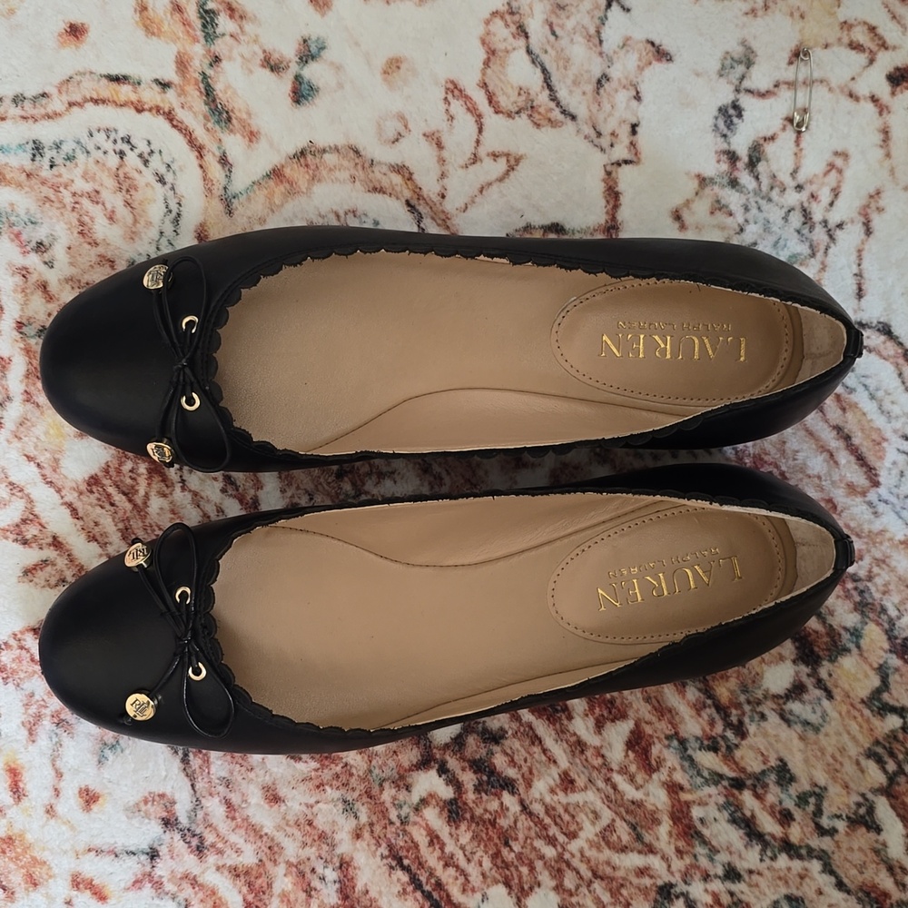 Ralph Lauren Black Scalloped Leather Ballet Flats with Gold Accents